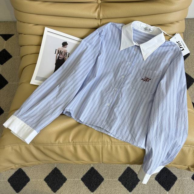 Early Fall New Arrivals 25Ss ~Dio* Blue striped lapel embroidered shirt with co