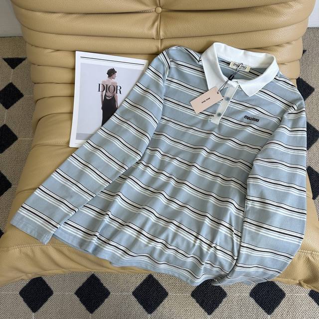 Early Fall New Arrivals 25Ss ~Miu* Lapel Striped Long Sleeve T-shirt This year'