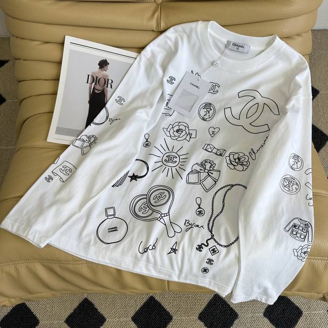 Early Fall New 25Ss Chan** Graffiti Logo Print Long Sleeve T-shirt. The eye-cat