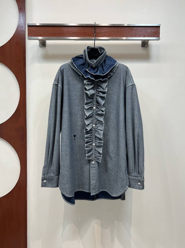 Djia 25 Early Fall New Colorblock Denim Ruffle Collar Shirt Dress. Removable ruf