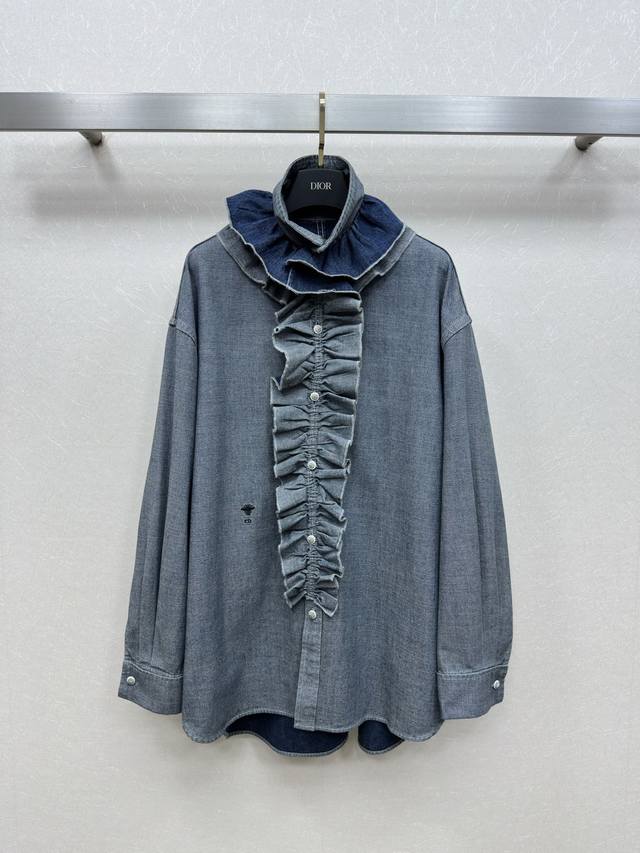 25Ss Dio *New long-sleeved denim shirt dress with ruffle design and embroidered