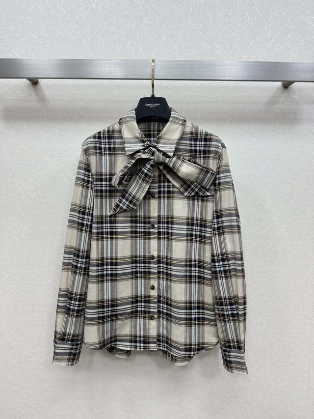 Ysl 25Ss New plaid shirt with a bow tie collar. Lightweight and comfortable fabr