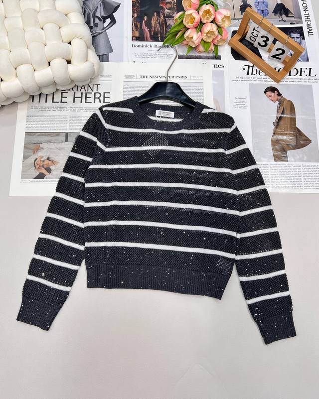 Brunelo Cucinelli 2025Ss new round-neck sequined hollow knit top, custom YB wool