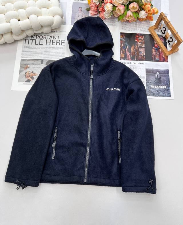 Miumiu2025Ss new polar fleece hooded zipper jacket, customized Yb imported polar