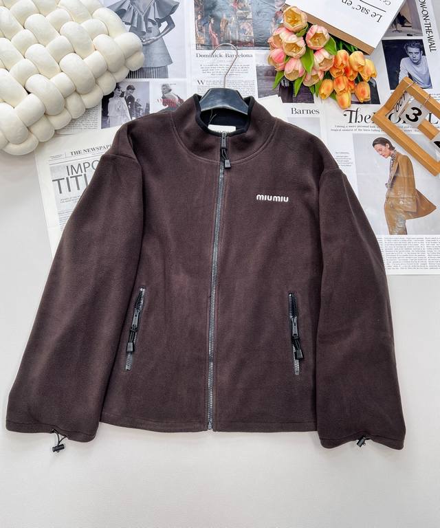 Miumiu2025Ss new polar fleece stand-up collar contrast zipper jacket, customized