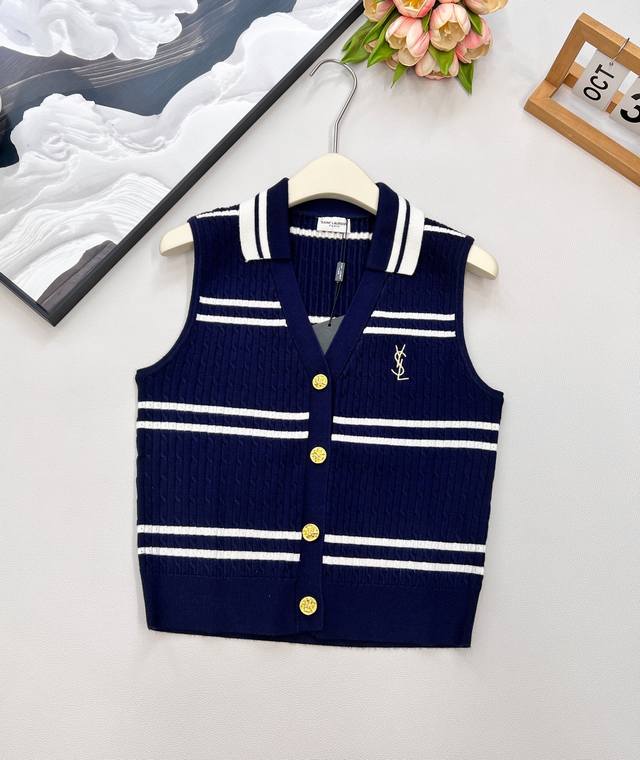 Saint Laurent Ysl Polo Striped Knit Vest with Gold Letter Embroidery! The classi