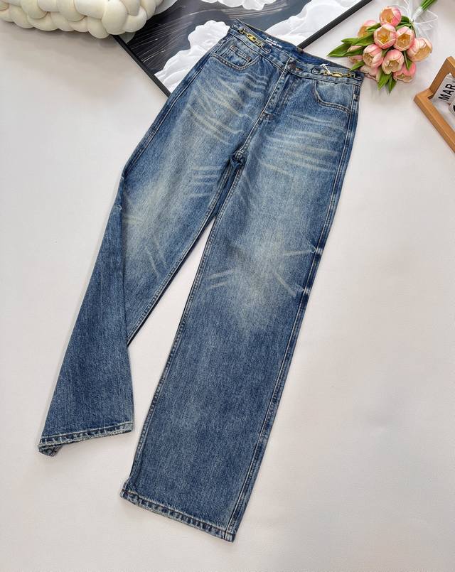 Celine classic double-button straight-leg denim trousers, the same style as the