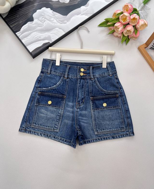 Celine 2025 summer new arrival, blue high-waisted denim shorts with belt loops a