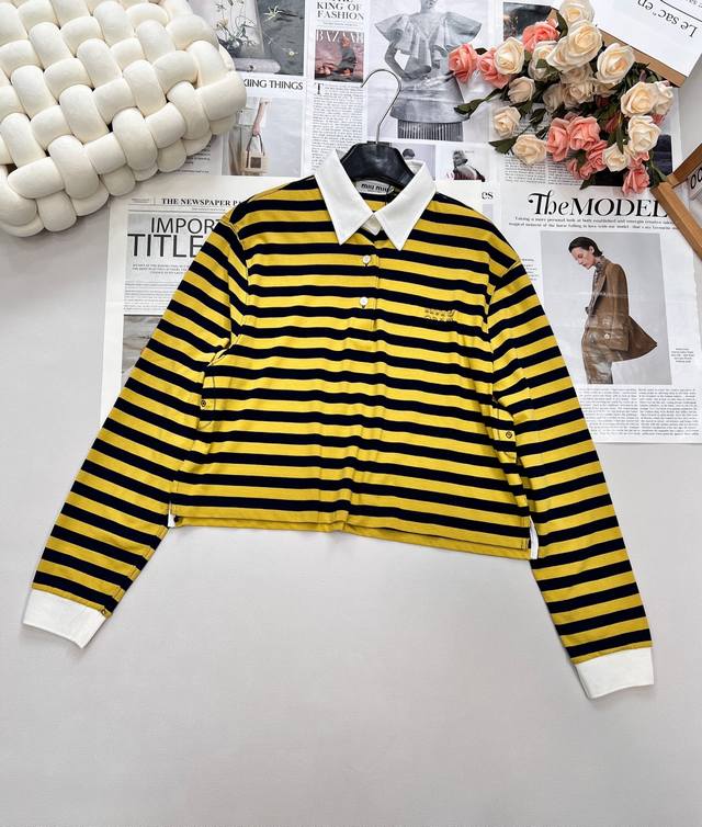 Miumiu25Fw Early Fall new color striped short lapel loose fit long-sleeved T-shi