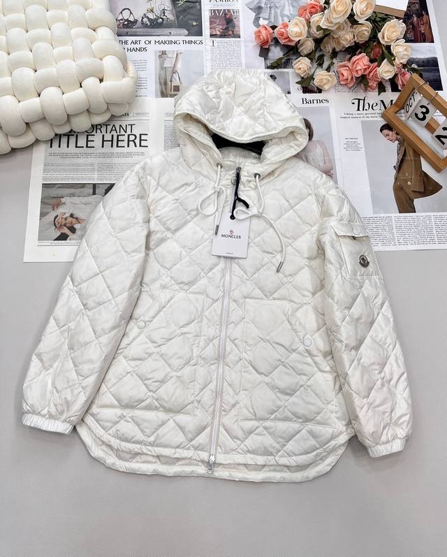 Moncler 2025 new diamond-patterned hooded drawstring mid-length down jacket, cus