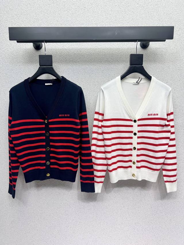 Miu's color-block striped knitted wool cardigan is a soft, classic, and youthfu