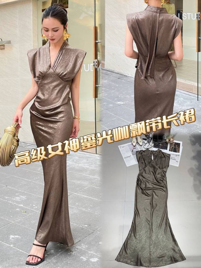 Exclusive original design A high-end goddess-like dress with gilded brown ribbo