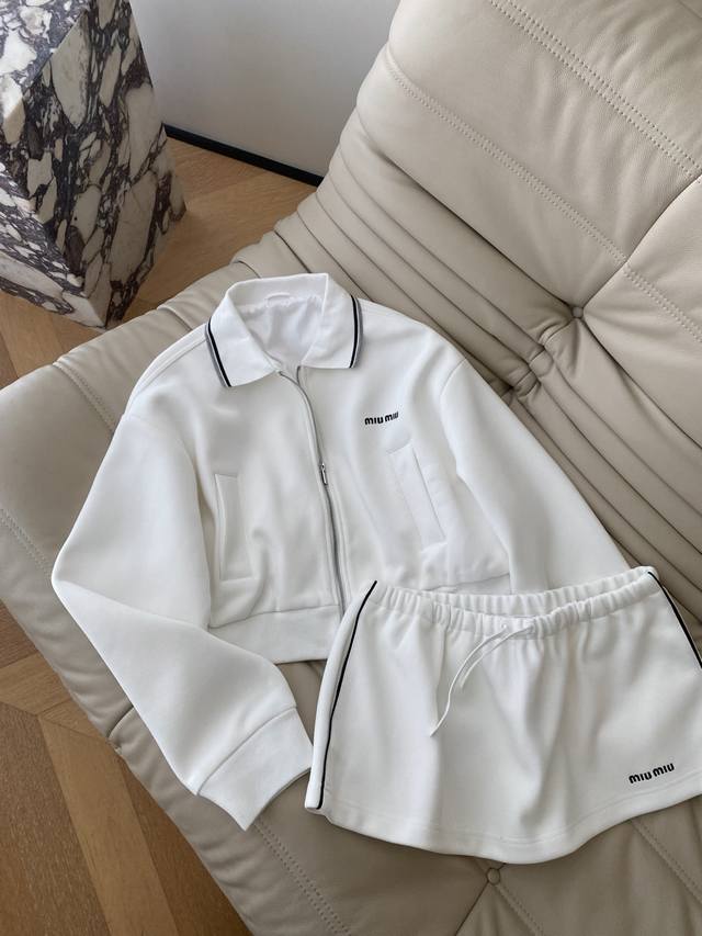 25Fd Early Fall Miu sports zipper jacket and skirt set. Large, custom-made cotto