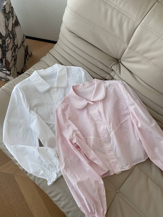 25Pf Autumn and winter hollow embroidered baby collar shirt. Loose straight vers