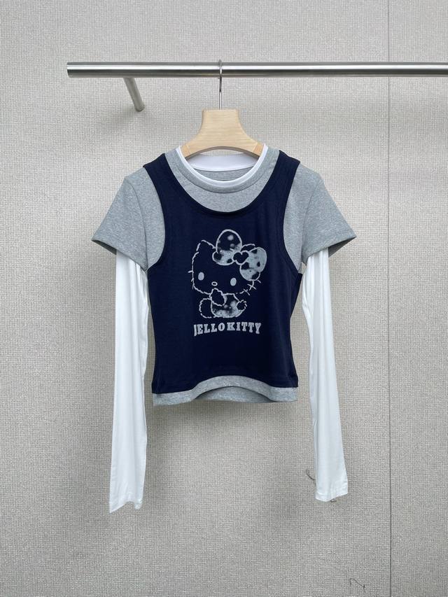 Revan Ruifan's new autumn 2025 Hello Kitty flocking pattern contrast color fake