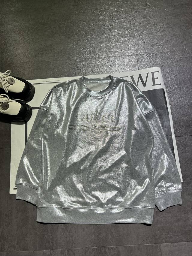 Gucc* Gucci women's classic silver round neck pullover sweatshirt, fashionable a