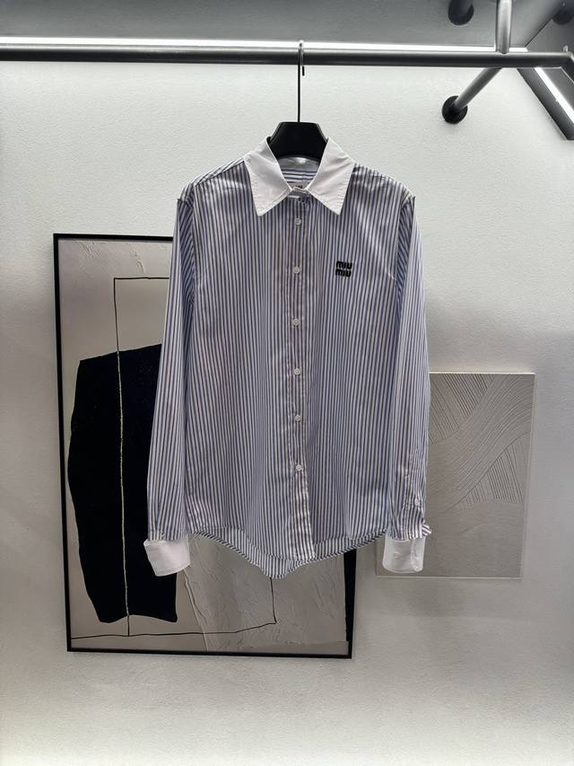 2025 Autumn And Winter DDD! Miumi*, lapel striped shirt, collar and cuffs are de