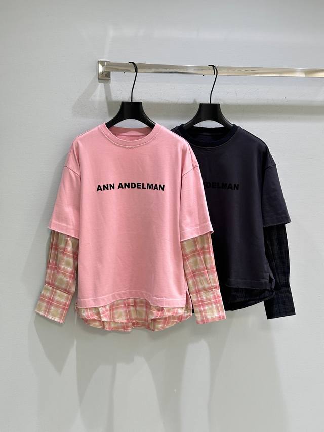 25Ss Early Fall New Arrivals! Mid-length pullover top with plaid faux two-piece