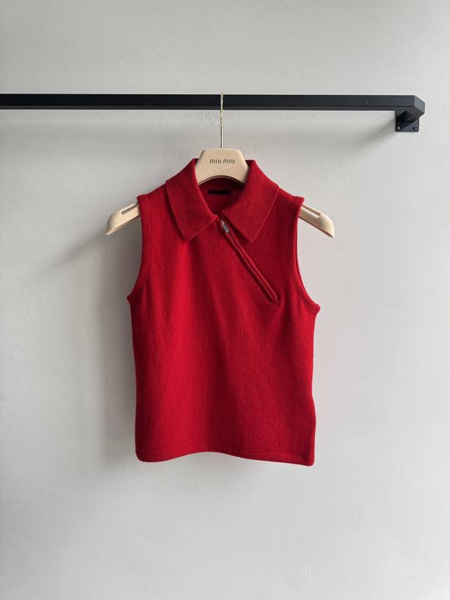 Miumi* 25Fw New Early Fall Fashionable Knitted Polo Vest for Top Students. Origi