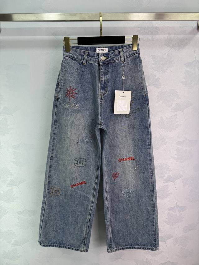 Ch*25 Early Fall new Chanel-style jeans in a light blue wash with Coco embroider