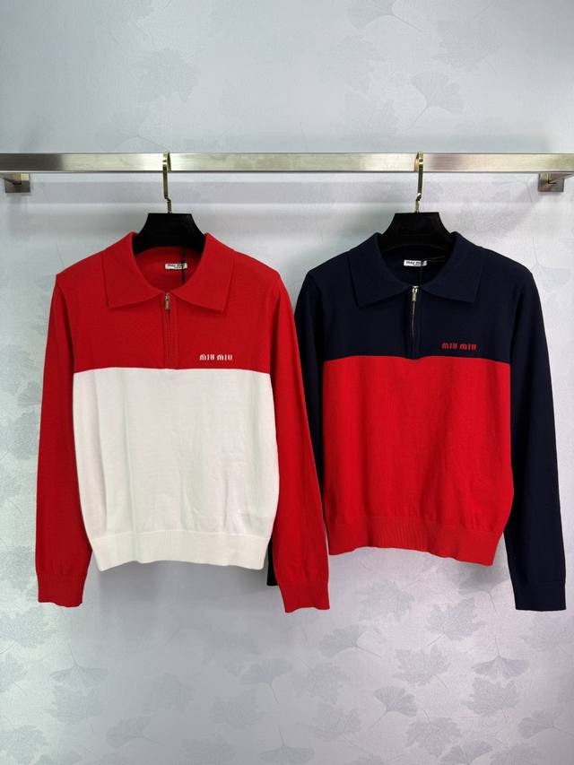 Miumi*25's new contrasting lapel half-zip knitted pullover with chest logo embro