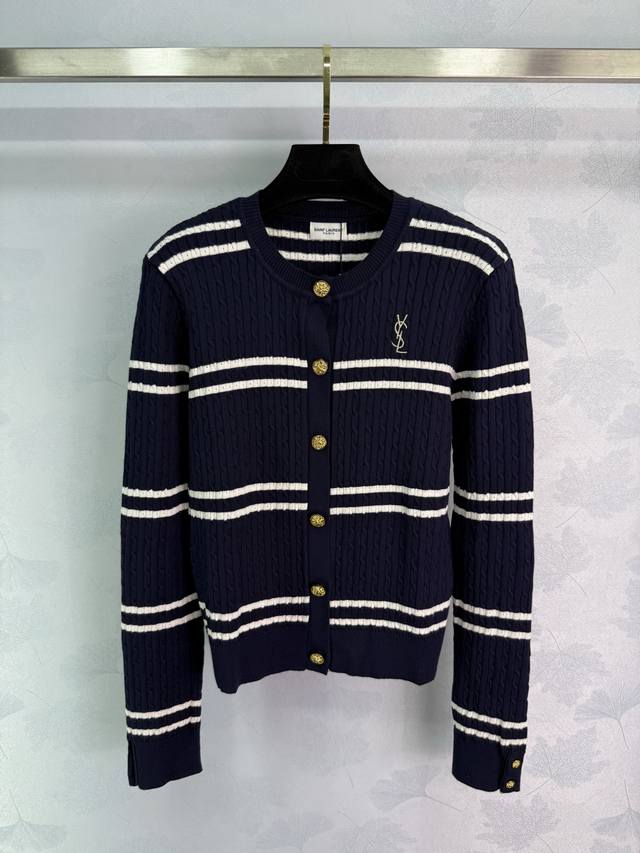 Ys*25 Early Fall Preppy Style Round Neck Striped Long Sleeve Cardigan Full of Re
