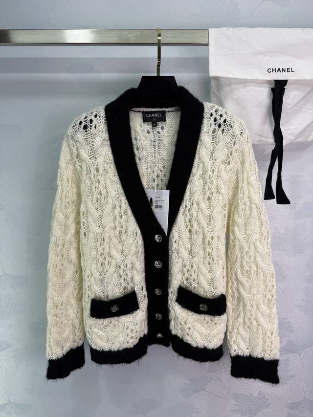 Chane* New 2025 color-contrast crochet cardigan, custom-woven from Yb wool yarn.