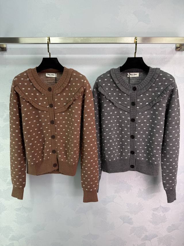 Miumi*2025 new round-neck polka-dot knitted cardigan, custom-woven from Yb wool