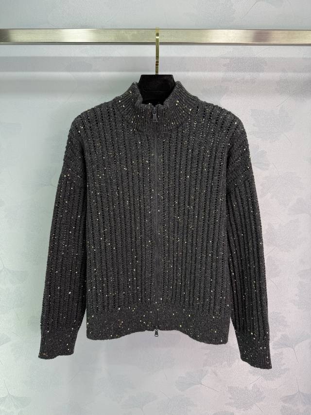Bc*25 New fall/winter sequined knitted cardigan, half-high collar design, double