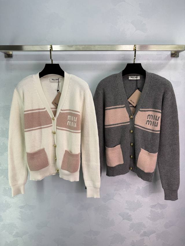 Miumi*2025 new color-contrast lettered knitted cardigan, custom-made with Yb woo