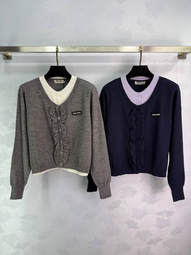 Miumi*2025 Early Fall New Fake Two-Piece Shirt Knit Long-Sleeved Cardigan! Custo