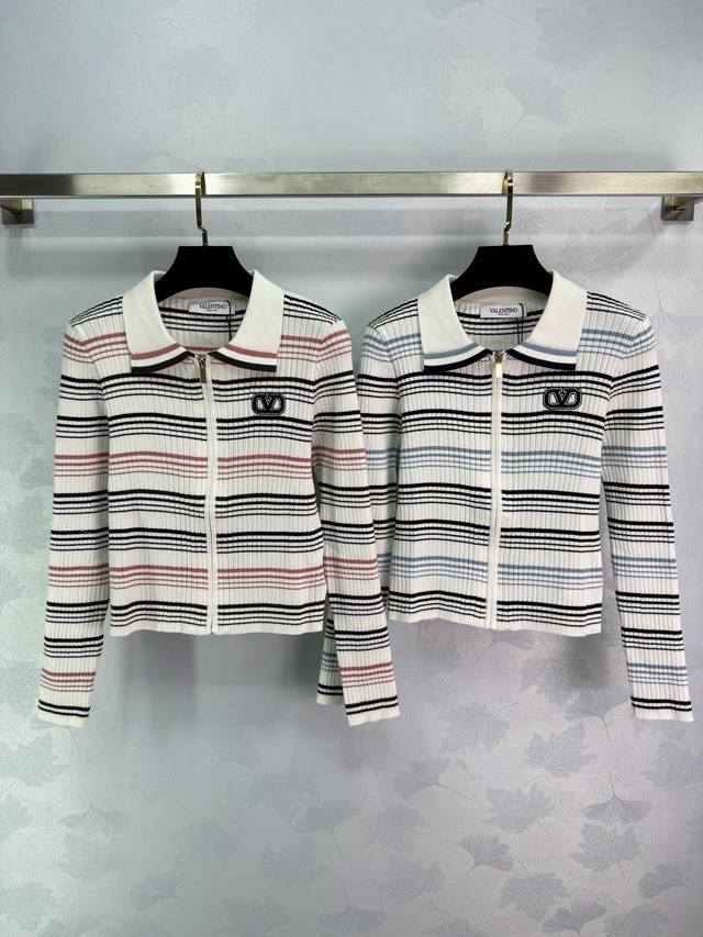Va*25 New autumn and winter striped knitted cardigan. White base with blue and p