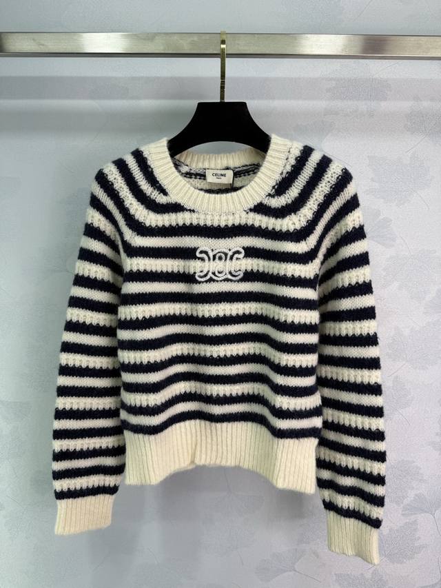 Celin*25 Early Fall new knitted round neck pullover with interlocking stripes, c