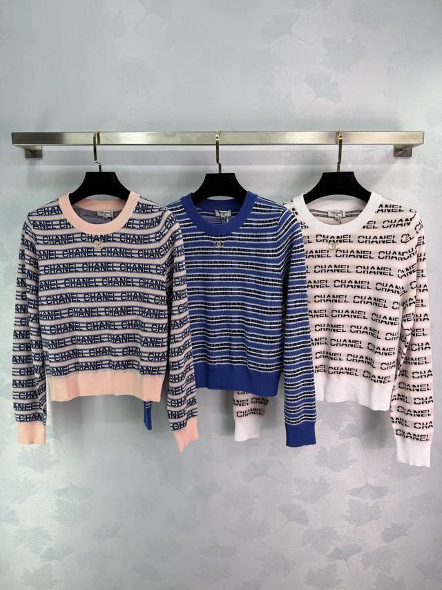 Ch*25 Early Autumn new letter stripe knitted round neck top with comfortable fab
