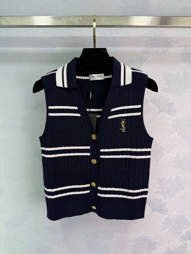 Ysl* 2025 Early Fall new lapel striped knit vest cardigan! Custom-made silk wool