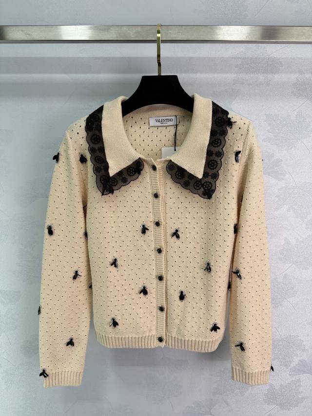 Valentin*2025 new style lapel beaded knitted cardigan, custom-woven from Yb wool