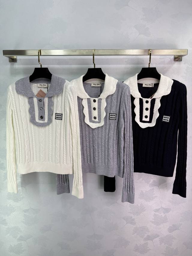 Miumi* 2025 Early Fall new style lapel knit long-sleeve top! Custom wool yarn we