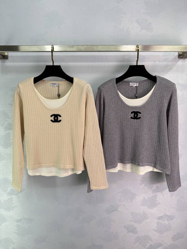 Ch* New 2025 Early Fall color-blocking faux two-piece knitted long-sleeved top!
