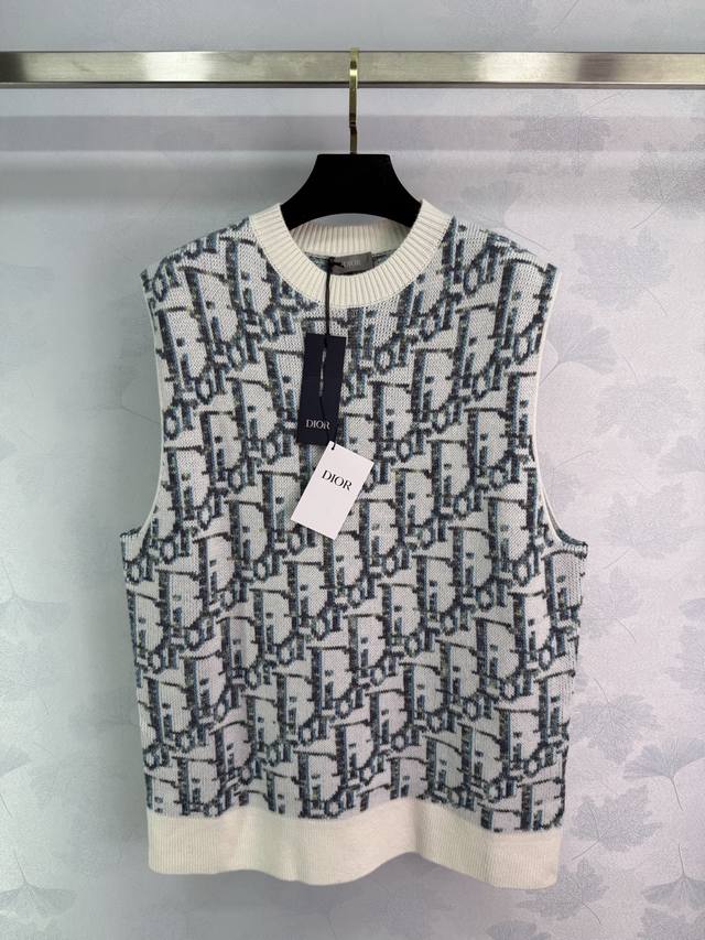 Dio*2025 Fall/Winter new knitted crew neck vest in white with a blue all-over mo