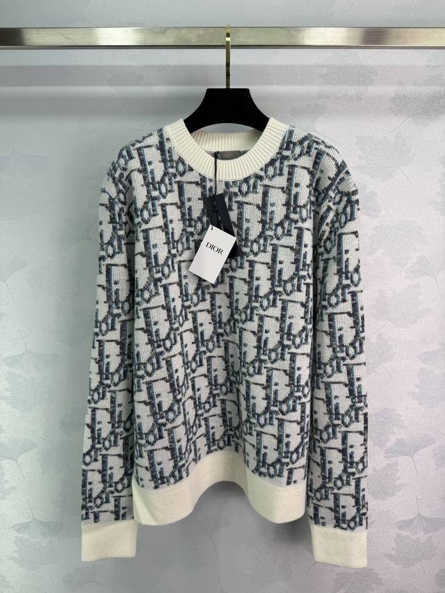 Dio*2025 Fall/Winter new knitted crew neck top in white with a blue all-over mon