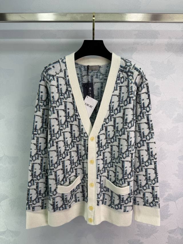 Dio*2025 Fall/Winter new knitted V-neck cardigan in white with a blue all-over m