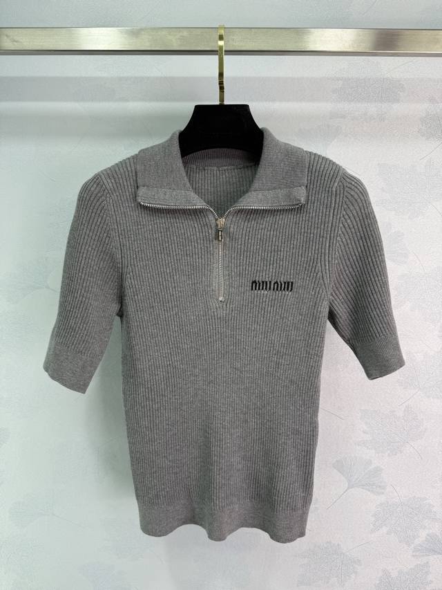 Miu* gray half-zip sweater with chest logo embroidery and vertical ribbed strip