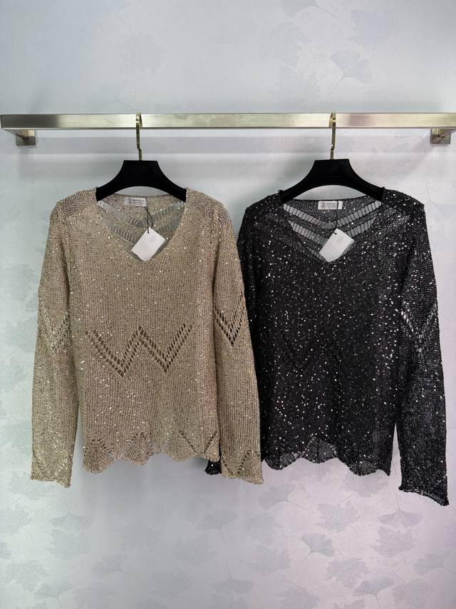 Bc*25 New early autumn beaded hollow knit top with exquisite beading and lace ho