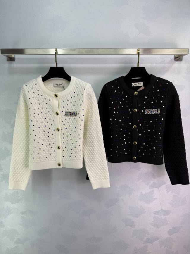 Miu rhinestone beaded knitted cardigan, available in black and white, is soft a