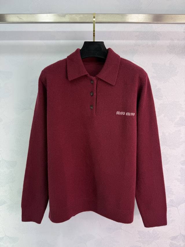 1:1 Miu* burgundy polo neck sweater, made from 100% cashmere, with a small embro