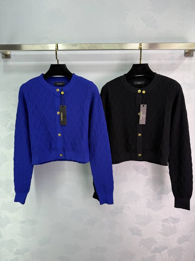 Versace V-shaped jacquard knit cardigan! Available in royal blue and black. Gold