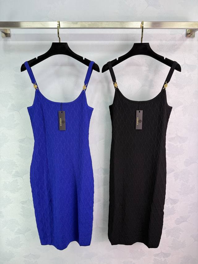 Versace V-neck jacquard knit slip dress, available in blue and black. The should