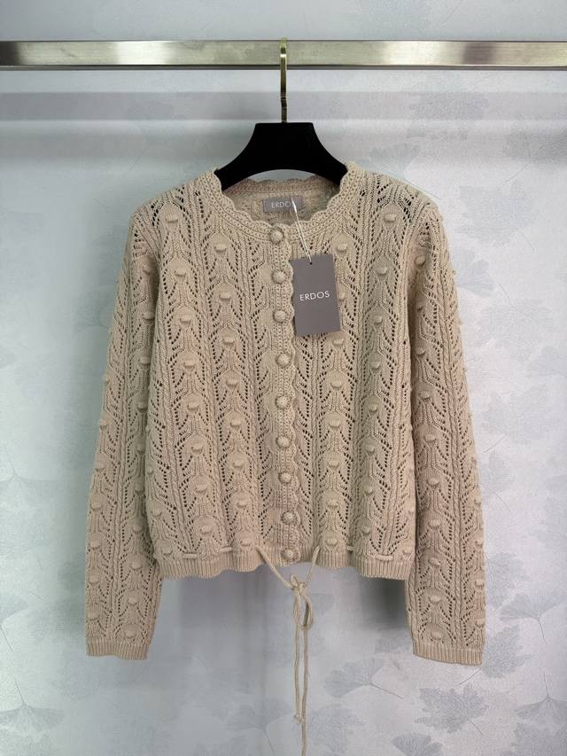 Erdos oatmeal-colored openwork knit cardigan featuring a hand-crocheted, 3D rel