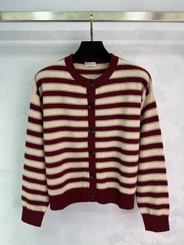 Bc Burgundy striped cardigan with a classic round neck design, soft and comforta