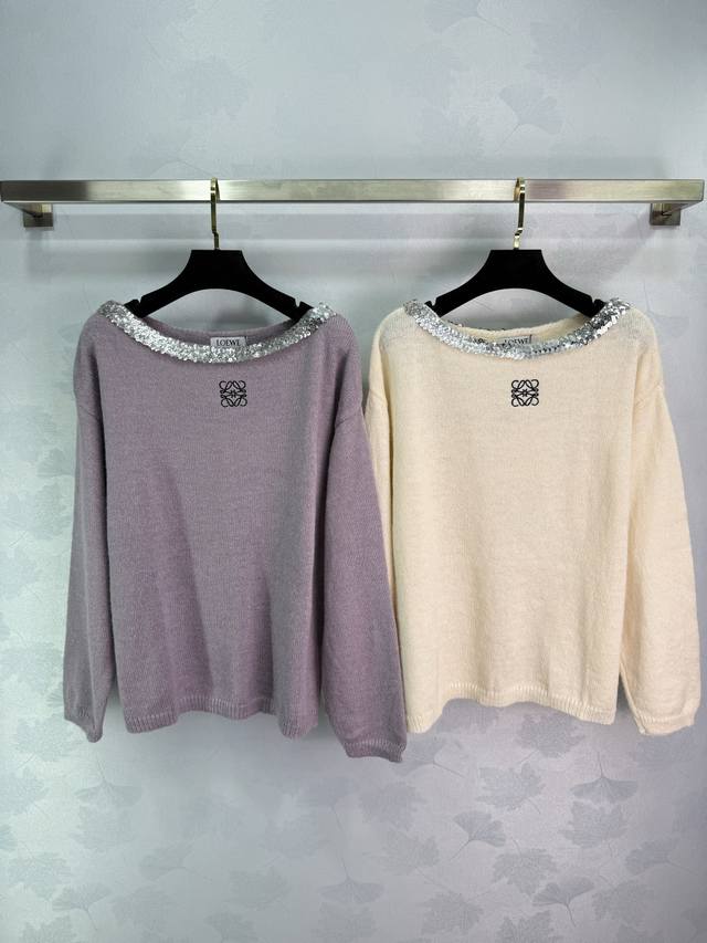 Loewe silver sequined collar sweater, available in purple and off-white. Feature